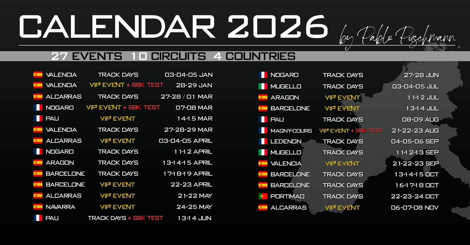 Calendrier de roulage moto 2026 - PPO Trackdays