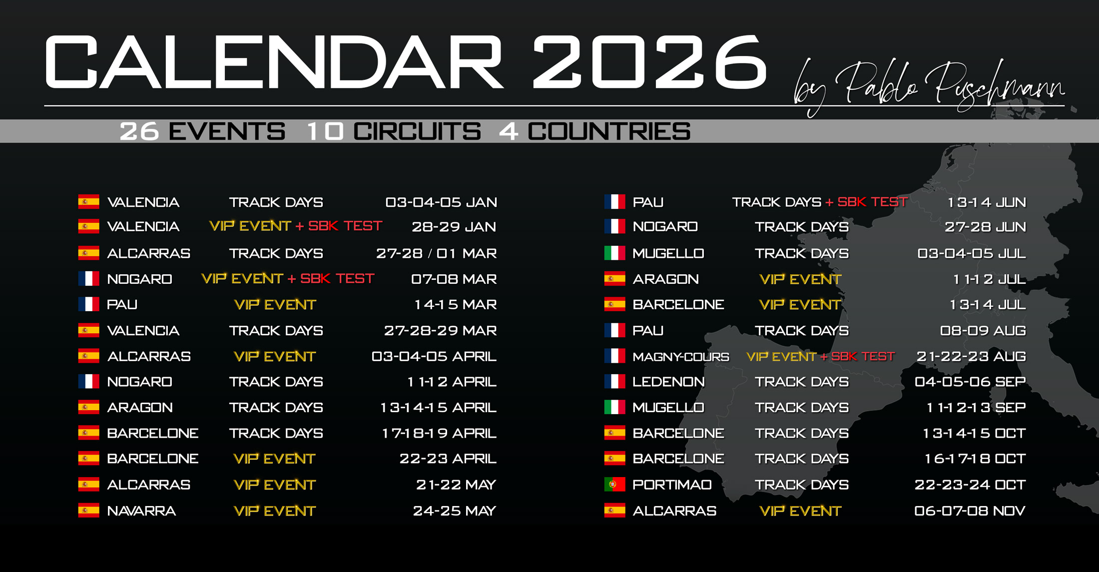 Calendrier de roulage moto 2026 - PPO Trackdays